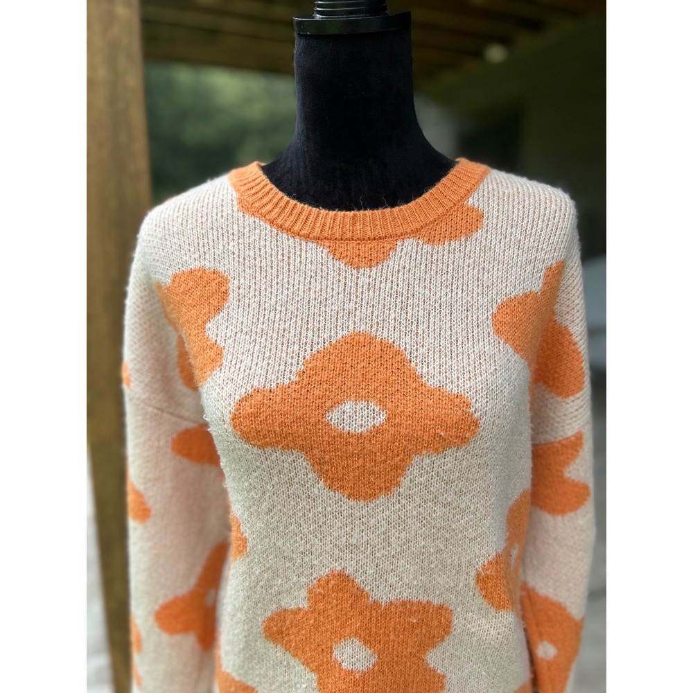 Baevely Floral Sweater Women Large‎ Orange Cream Retro Boho Hippie Knit  70's